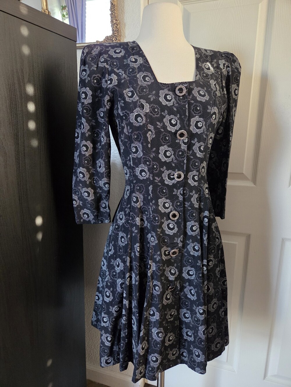 Vintage Black Floral Square Neck Dress Accent Button 1980's Retro Small